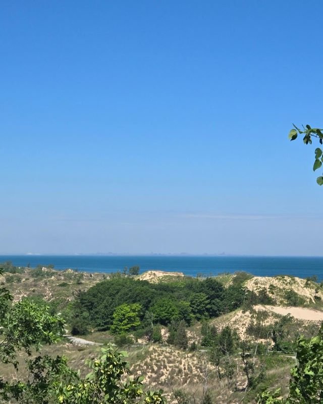 A photo of Lake Michigan from atop the dunes at Indiana Dunes State Park.